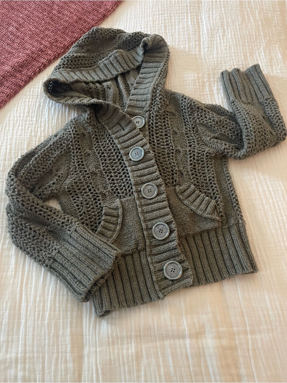 Free People Olive Green Chunky Hooded Button-Front Knit Cardigan
